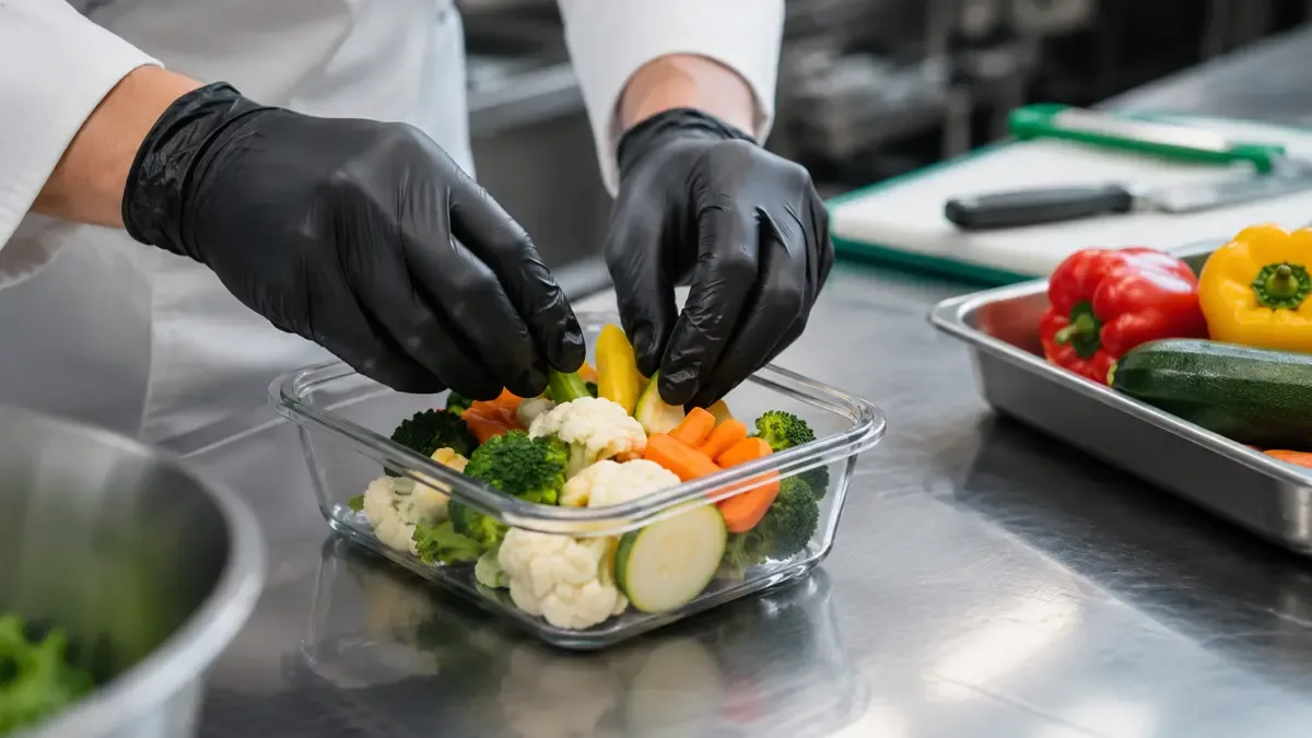 Manos con guantes acomodando verduras cortadas en un recipiente