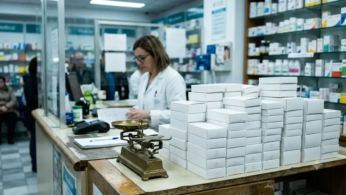 Mostrador de farmacia con cajas blancas sin rótulos apiladas